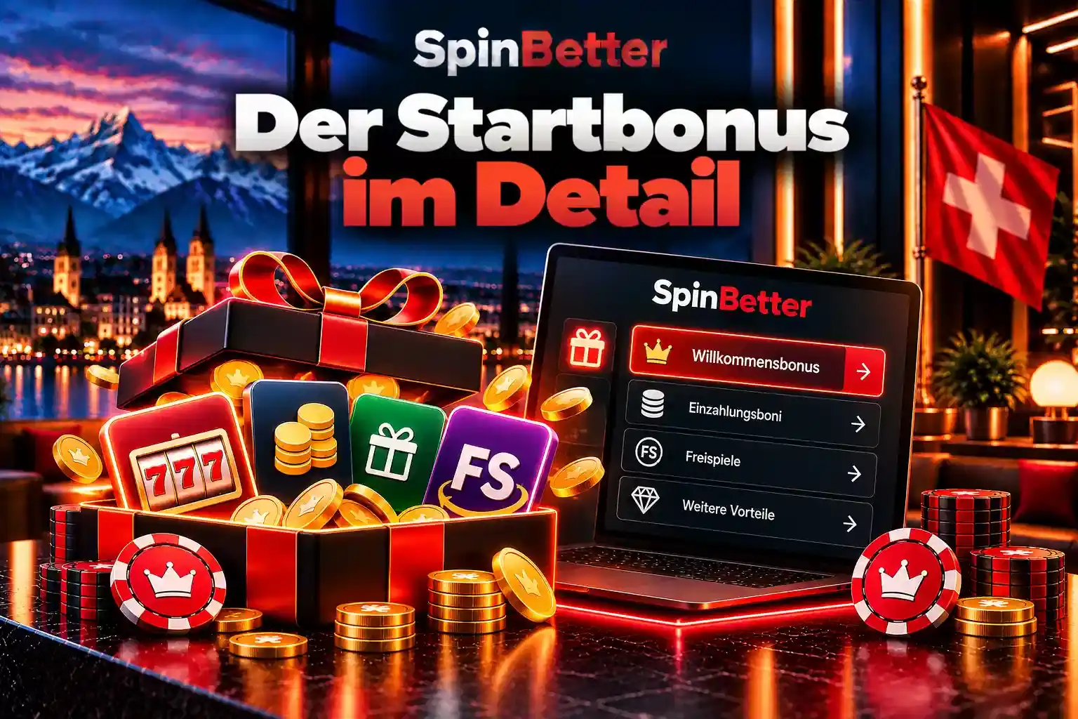 Die vier Stufen des SpinBetter Casino Willkommensbonus mit Prozentsätzen und Freispielen