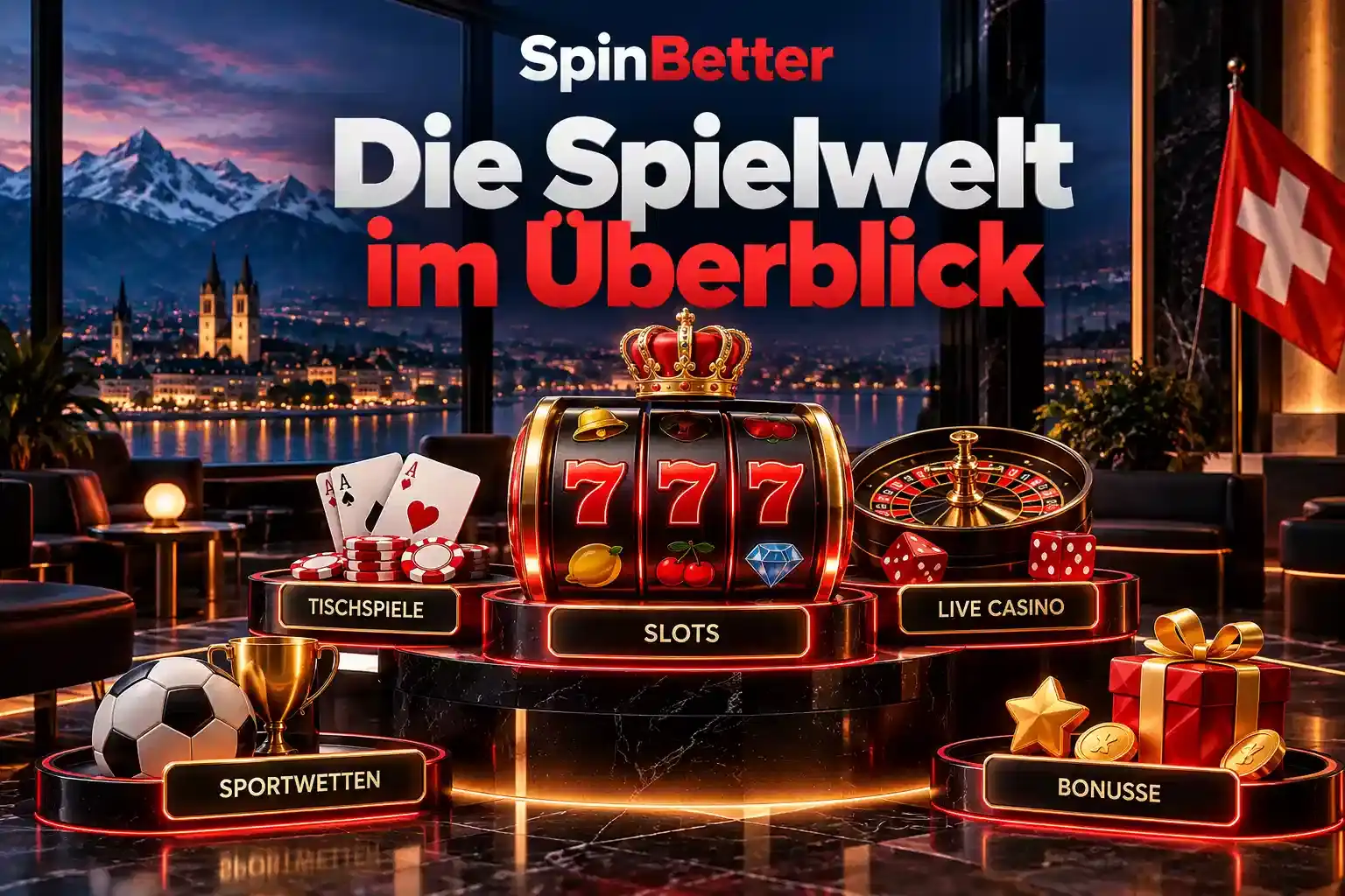 Übersicht der SpinBetter Spielwelt mit Slots, Sportwetten, Live-Casino und Bonusbereich